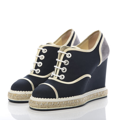Chanel Raffia Lace Up Wedge Espadrilles 36 Grey Navy 3 of 12