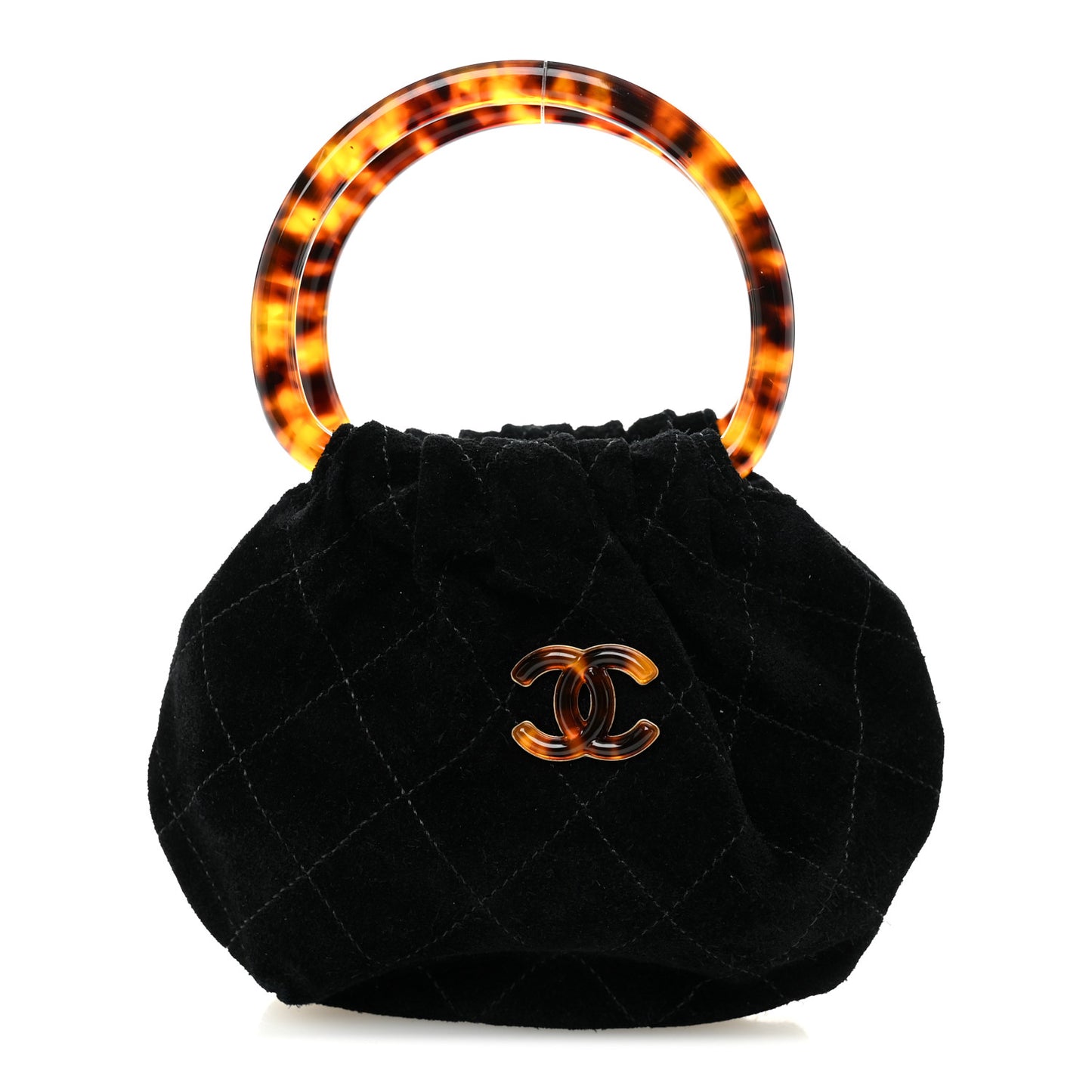 Suede Calfskin Plexiglass Tortoise Shell Quilted Mini Pouch Black