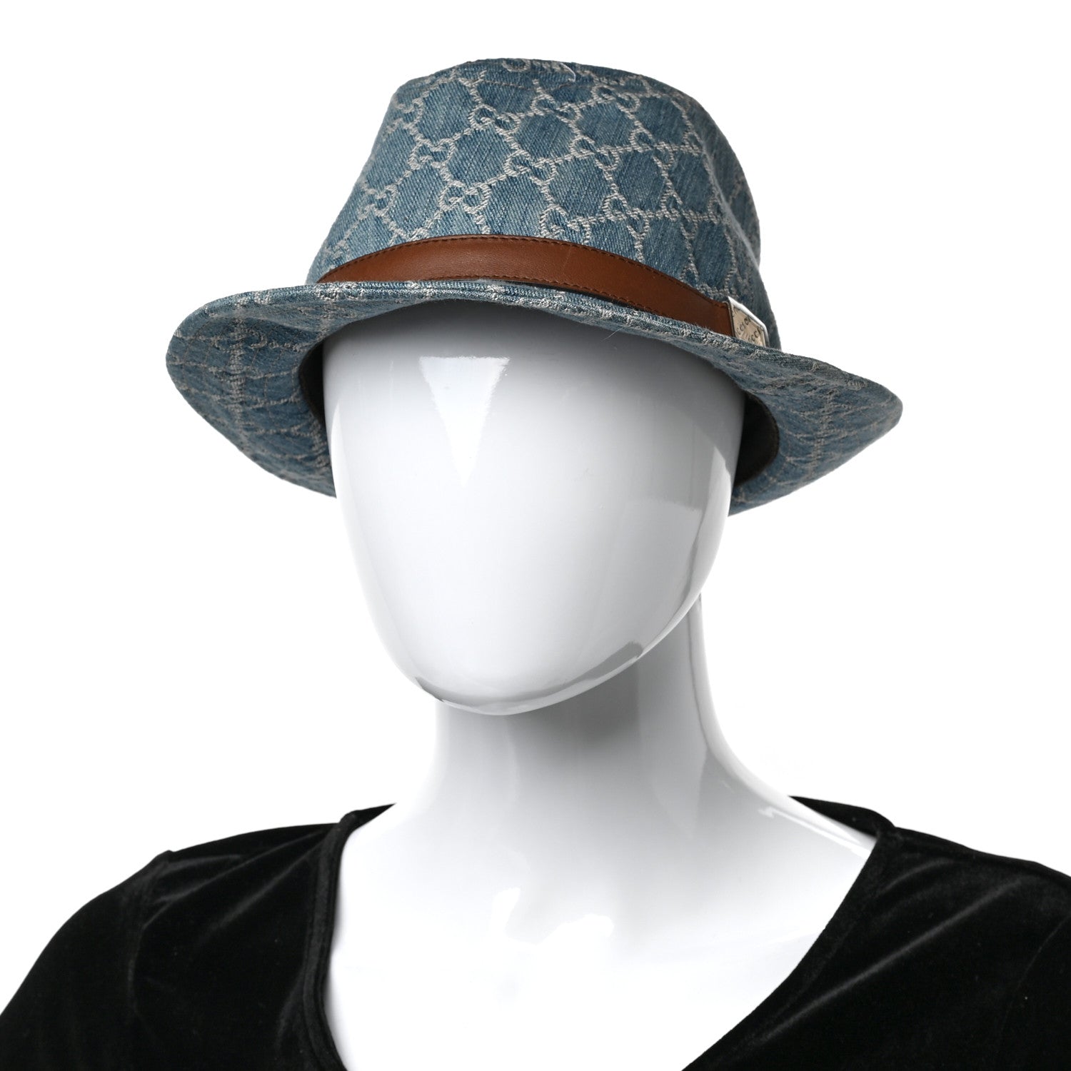 Gucci Washed Jacquard Denim Nappa GG Monogram Fedora Hat S Denim Cuir 2 of 8