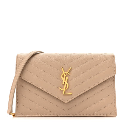 Saint Laurent Grain De Poudre Matelasse Chevron Monogram Envelope Chain Wallet Dark Beige 1 of 10