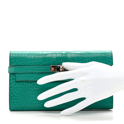 Hermes Matte Alligator Kelly Longue Wallet Bleu Paon 2 of 8