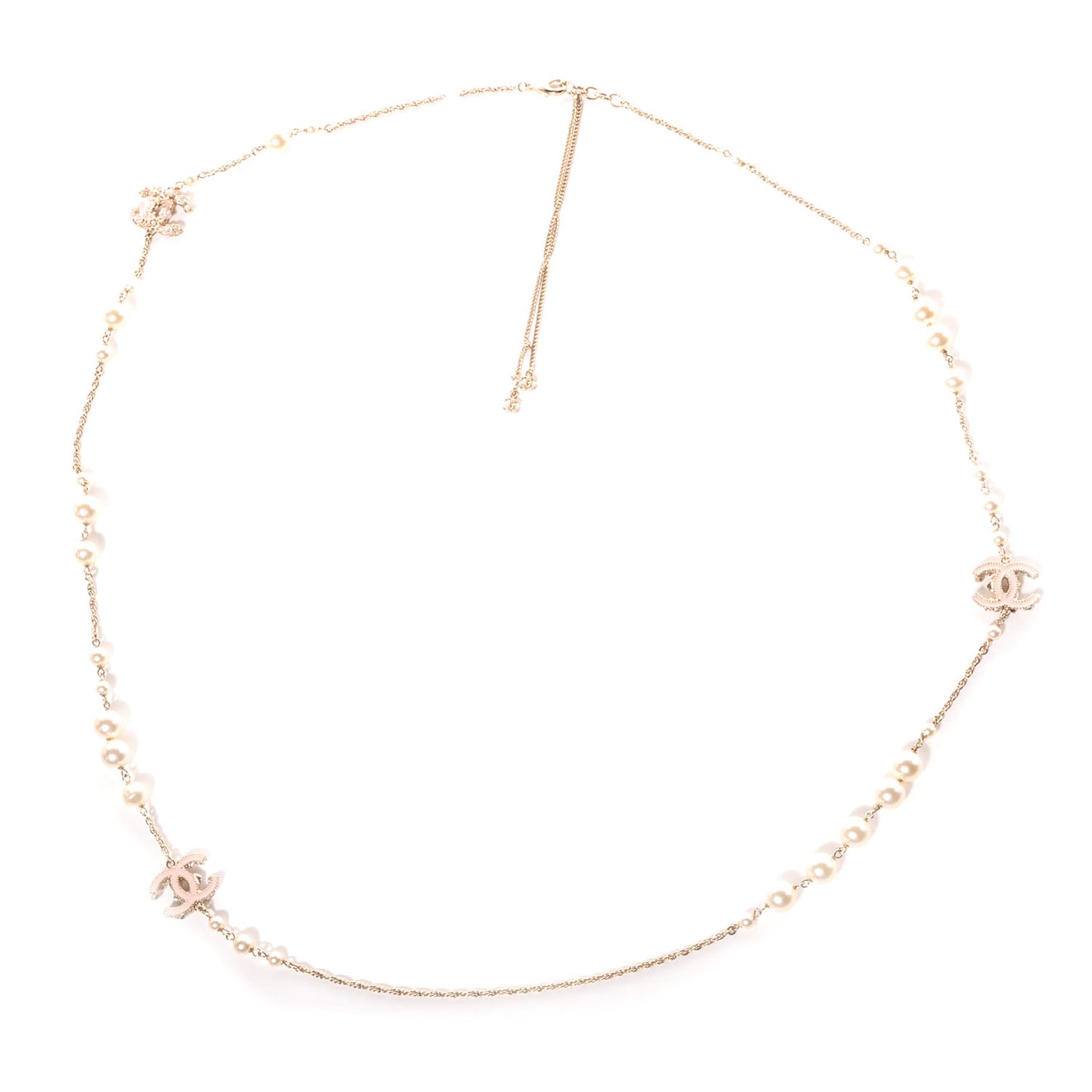 Crystal Pearl Enamel Camellia CC Long Necklace Gold