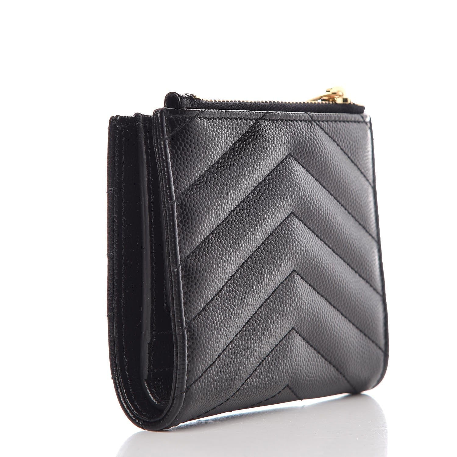 Saint Laurent Grain De Poudre Matelasse Chevron Monogram Zipped Card Case Black 3 of 7