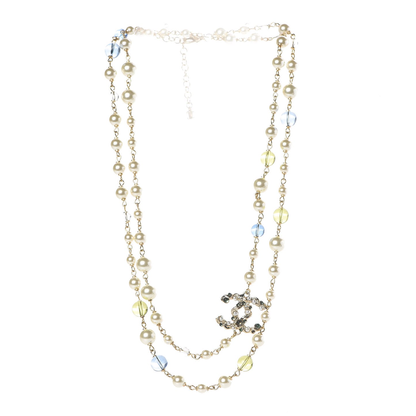 Pearl Bead CC Long Necklace Blue Green Gold