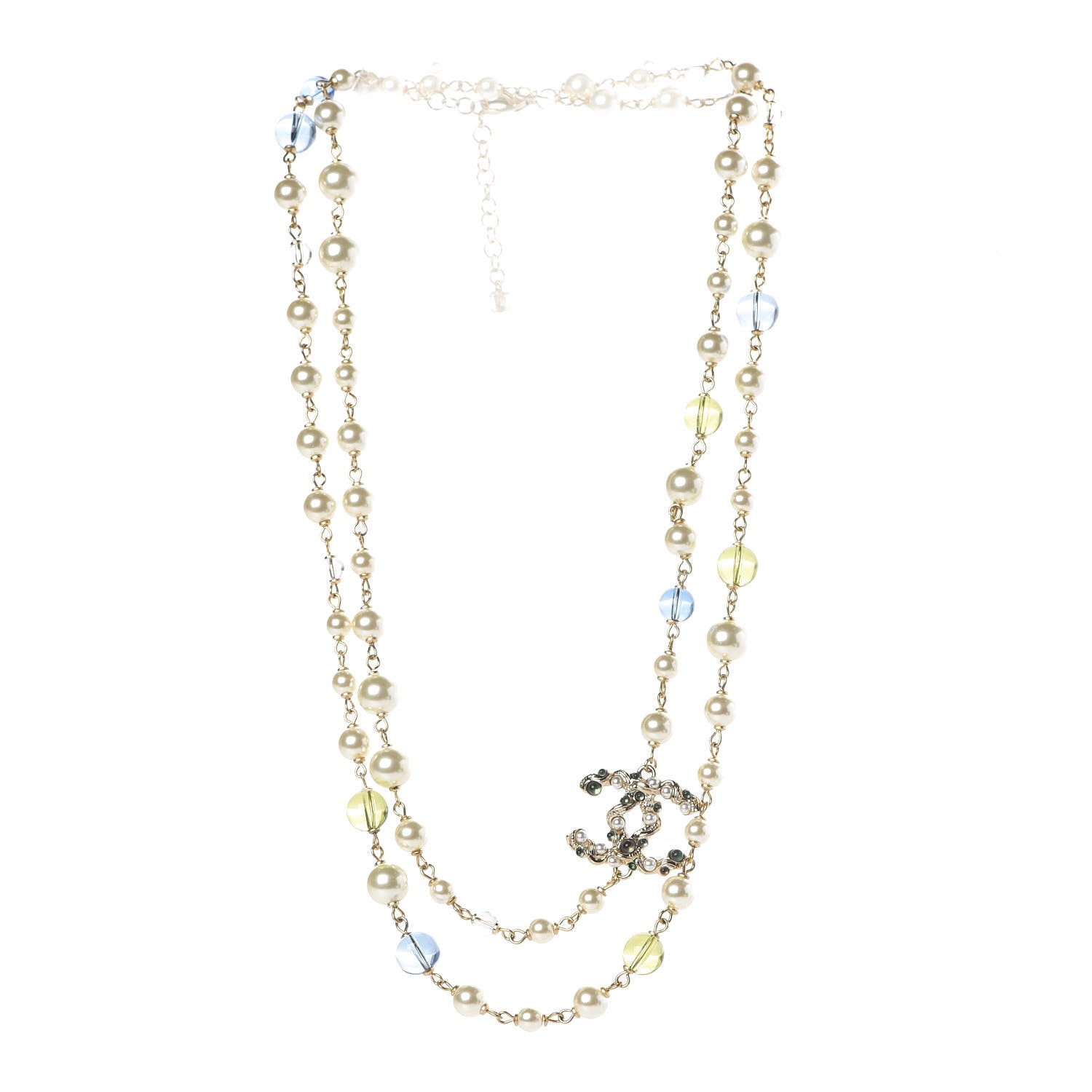 Chanel Pearl Bead CC Long Necklace Blue Green Gold 3 of 6