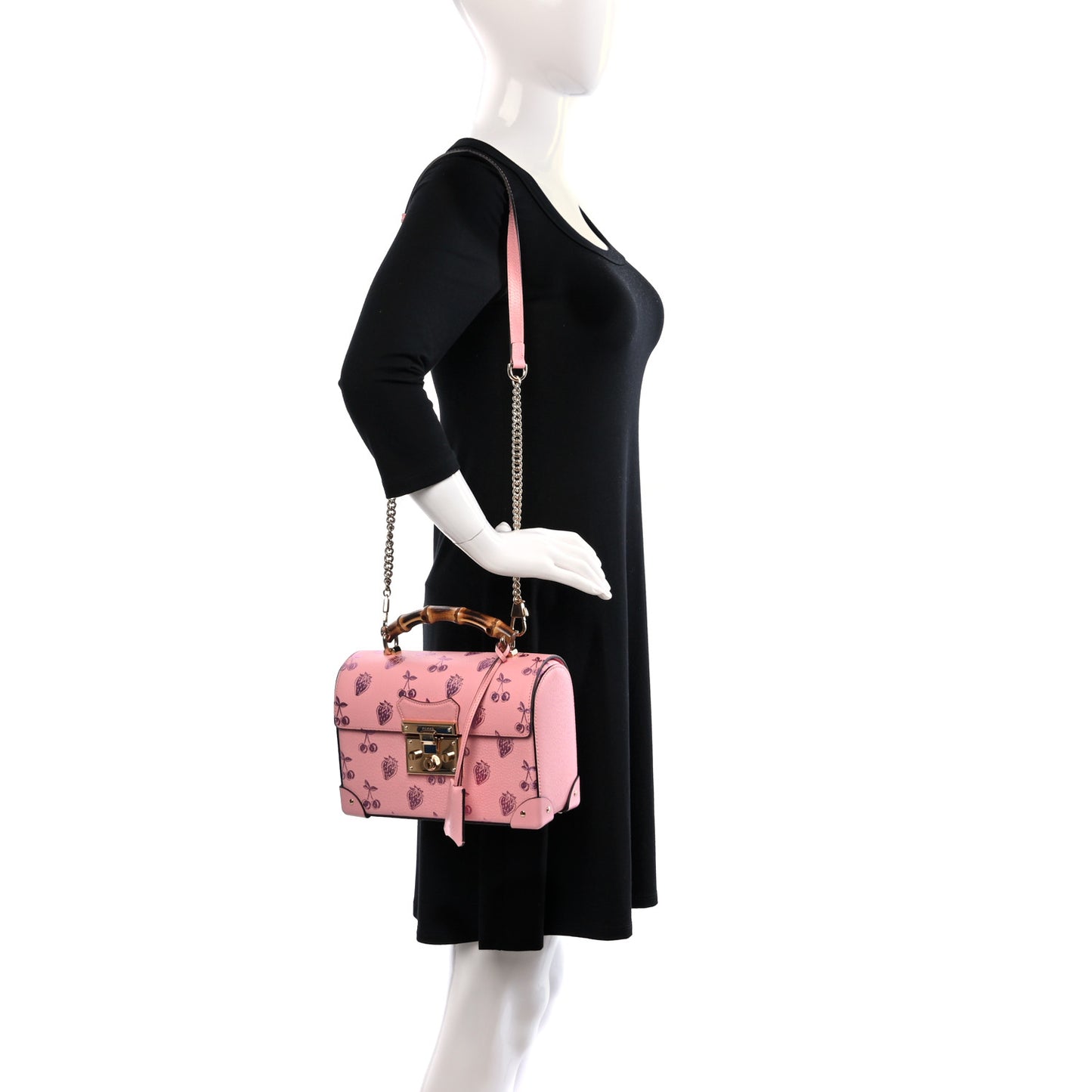 Textured Dollar Calfskin Berry Print Small Padlock Bamboo Shoulder Bag Pink Purple