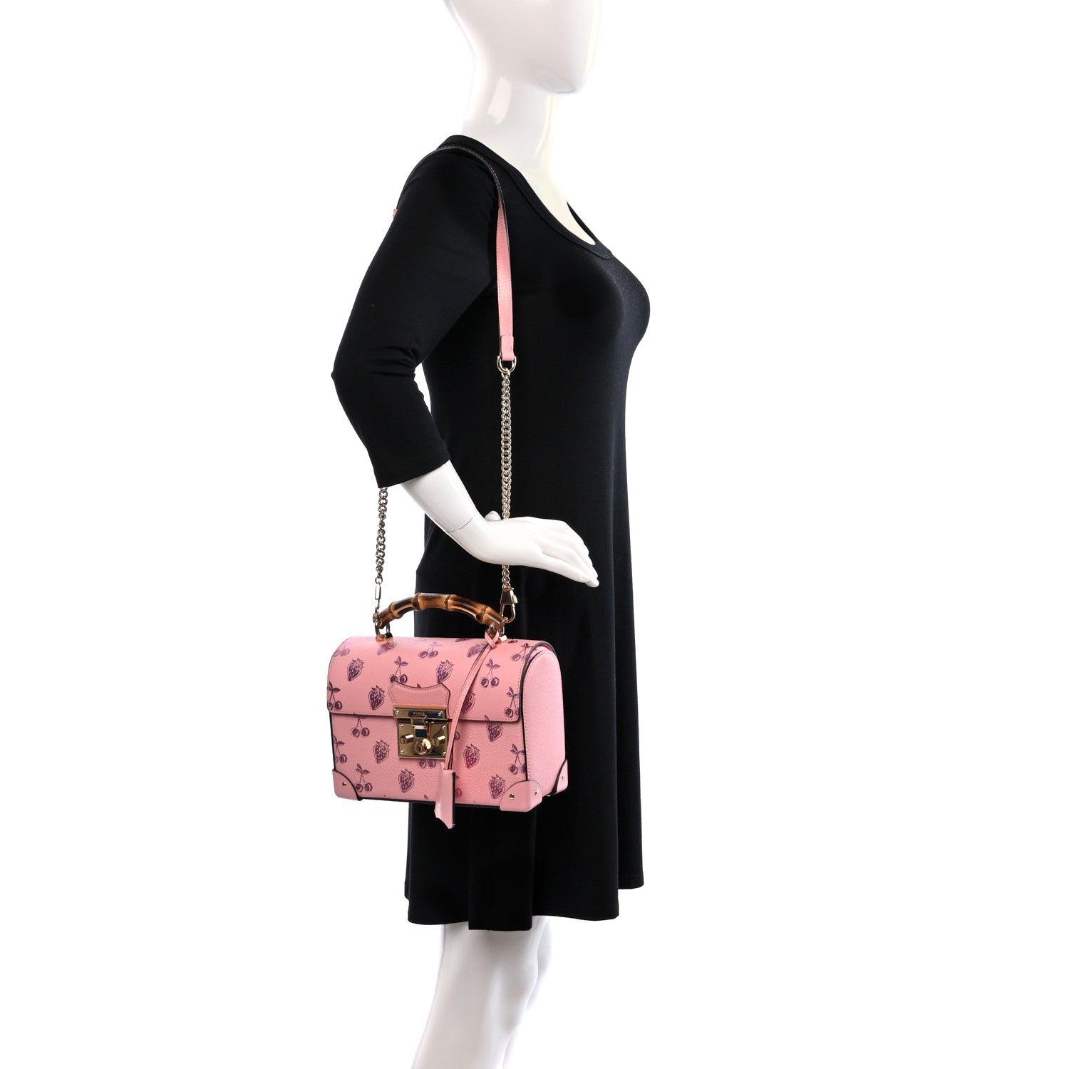 Gucci Textured Dollar Calfskin Berry Print Small Padlock Bamboo Shoulder Bag Pink Purple 2 of 9