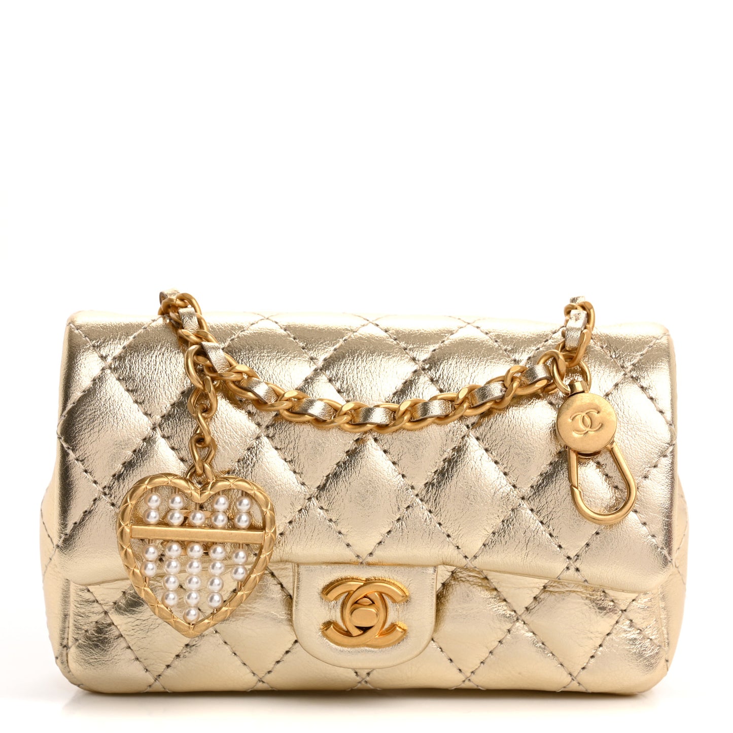 Metallic Calfskin Quilted Mini Flap Bag Charm With Hook Gold