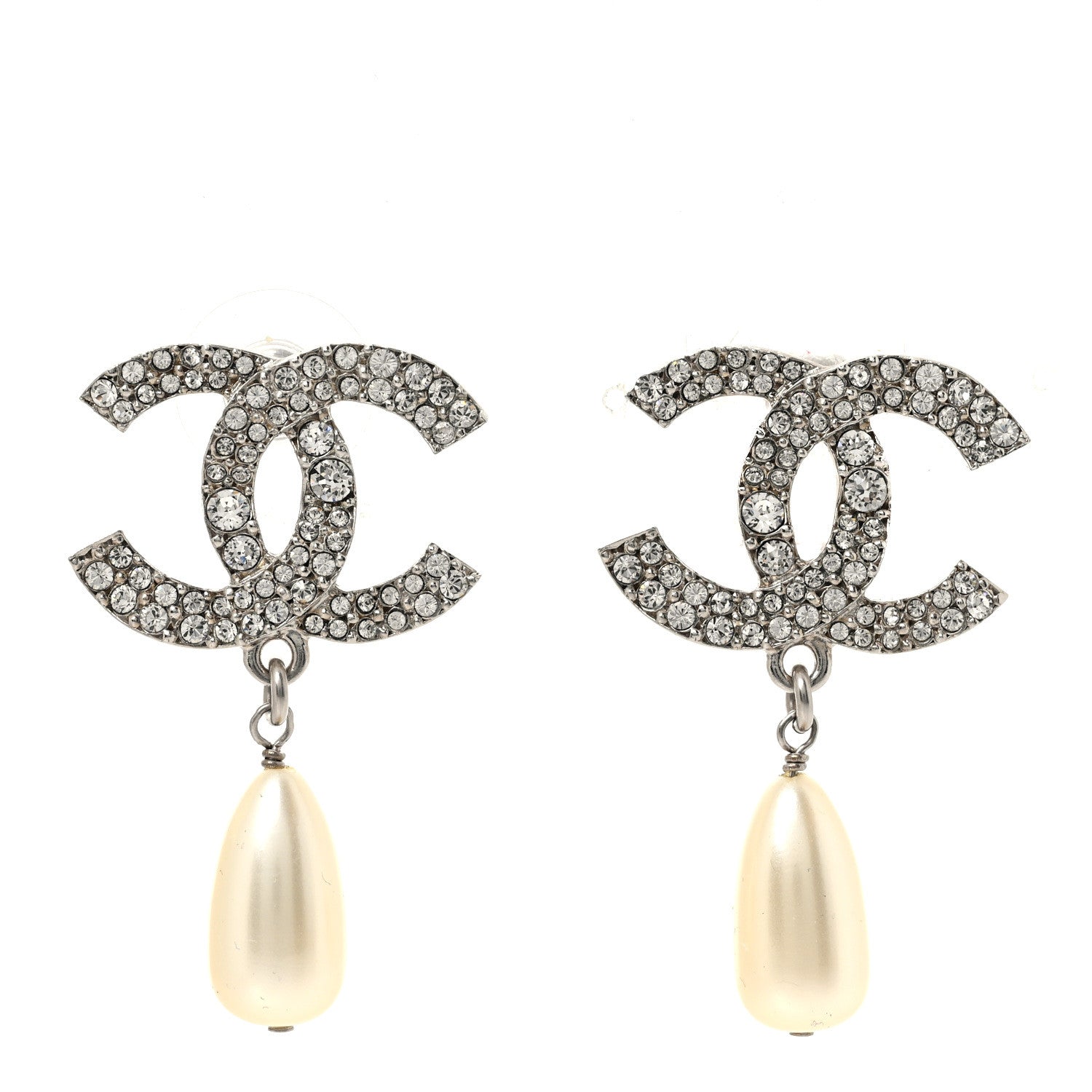 Chanel Pearl Crystal CC Drop Earrings Silver Pearly White 1 of 5