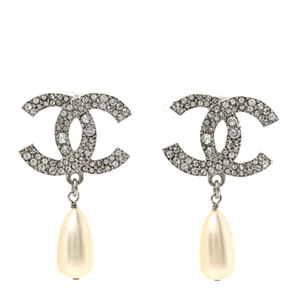 Chanel Pearl Crystal CC Drop Earrings Silver Pearly White 1 of 5