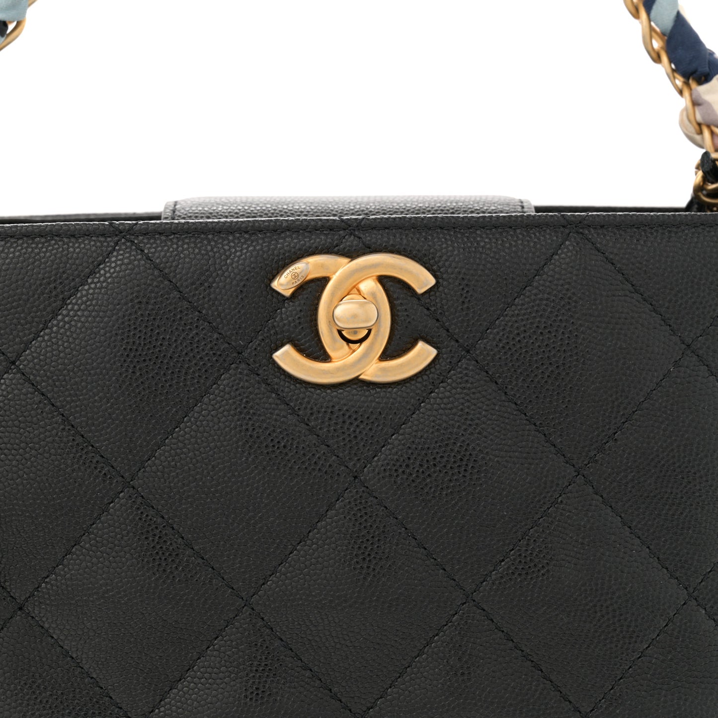 Caviar Quilted Chain Scarf Handle Bucket Bag Black