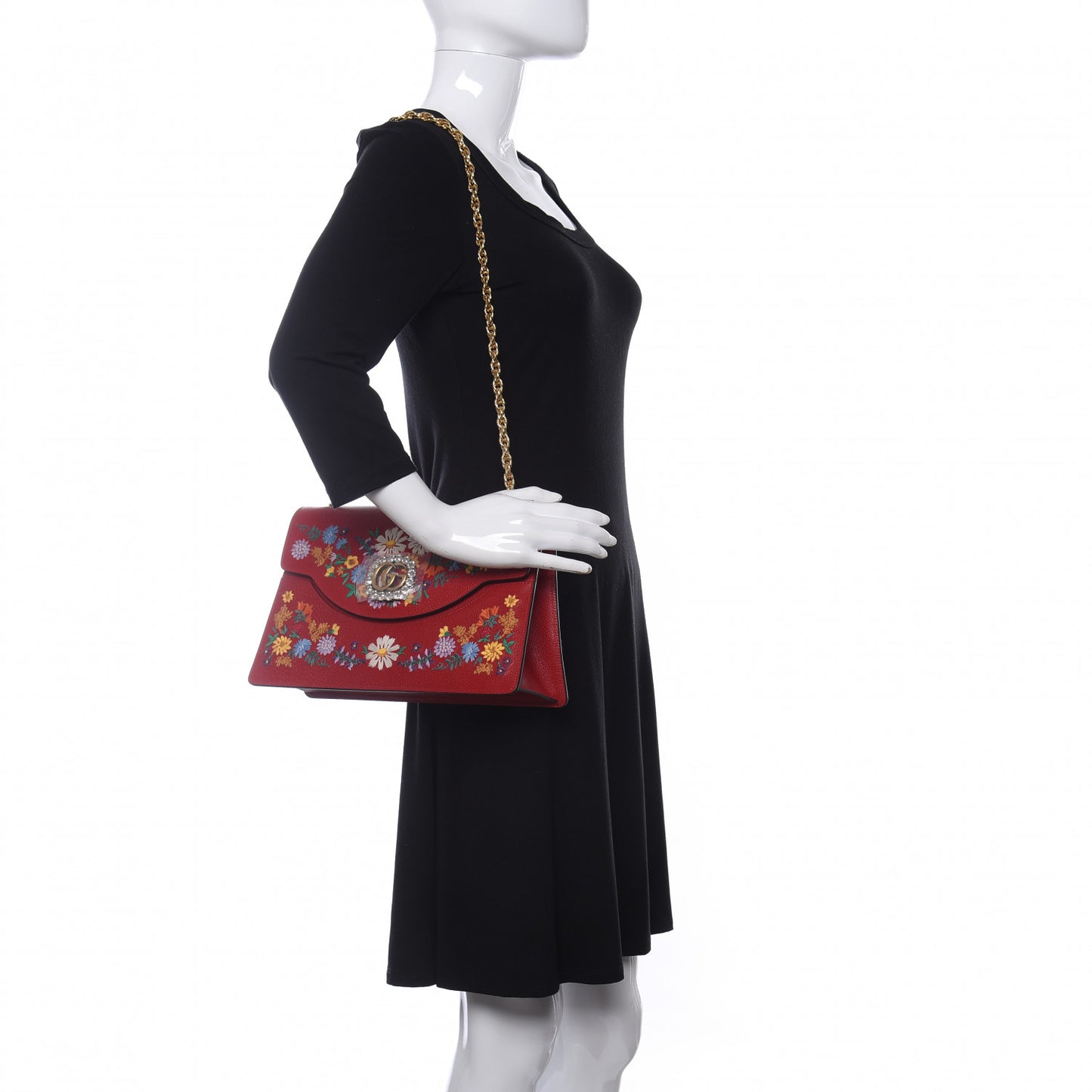 Calfskin Embroidered Medium Shoulder Bag Hibiscus Red