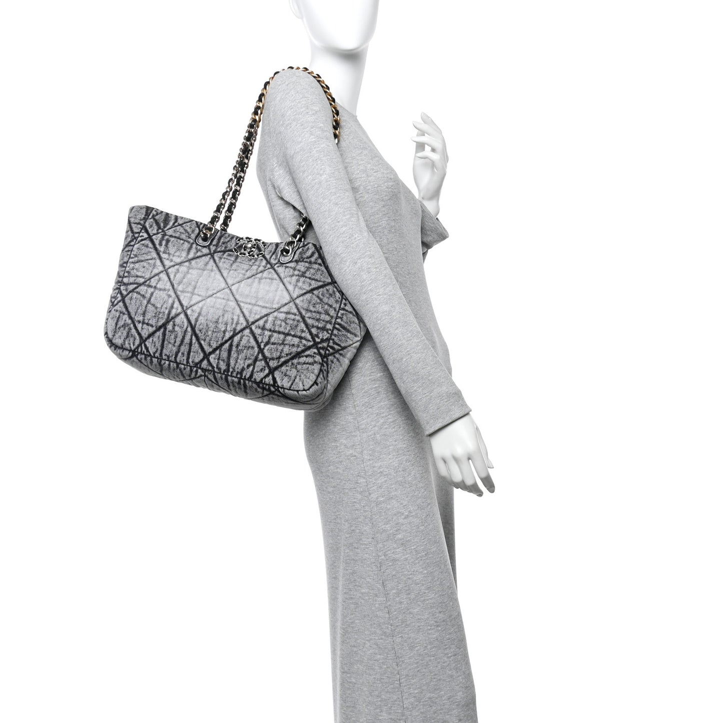 Washed Denim Quilted Chanel 19 East West Shopping Bag Black White