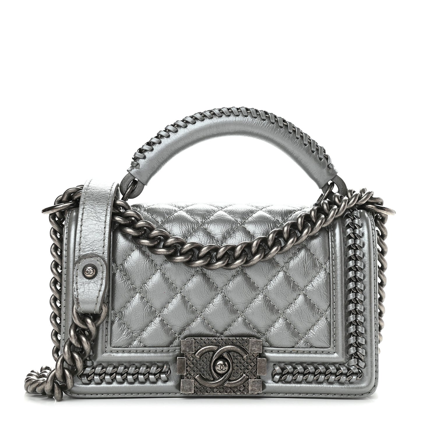 Metallic Aged Calfskin Quilted Small Boy Handle Flap Charcoal