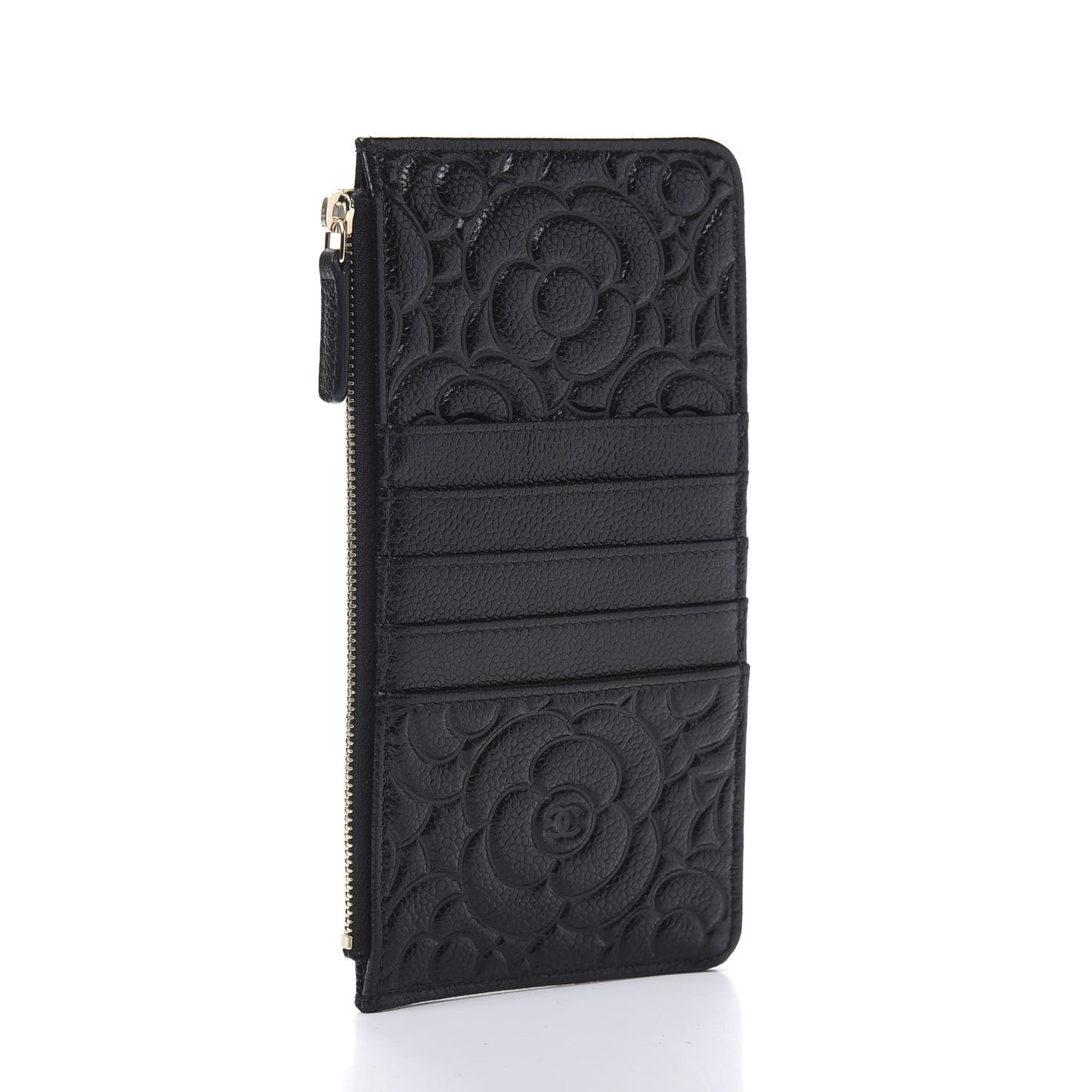 Caviar Camellia Embossed Classic Flat Wallet Pouch Black