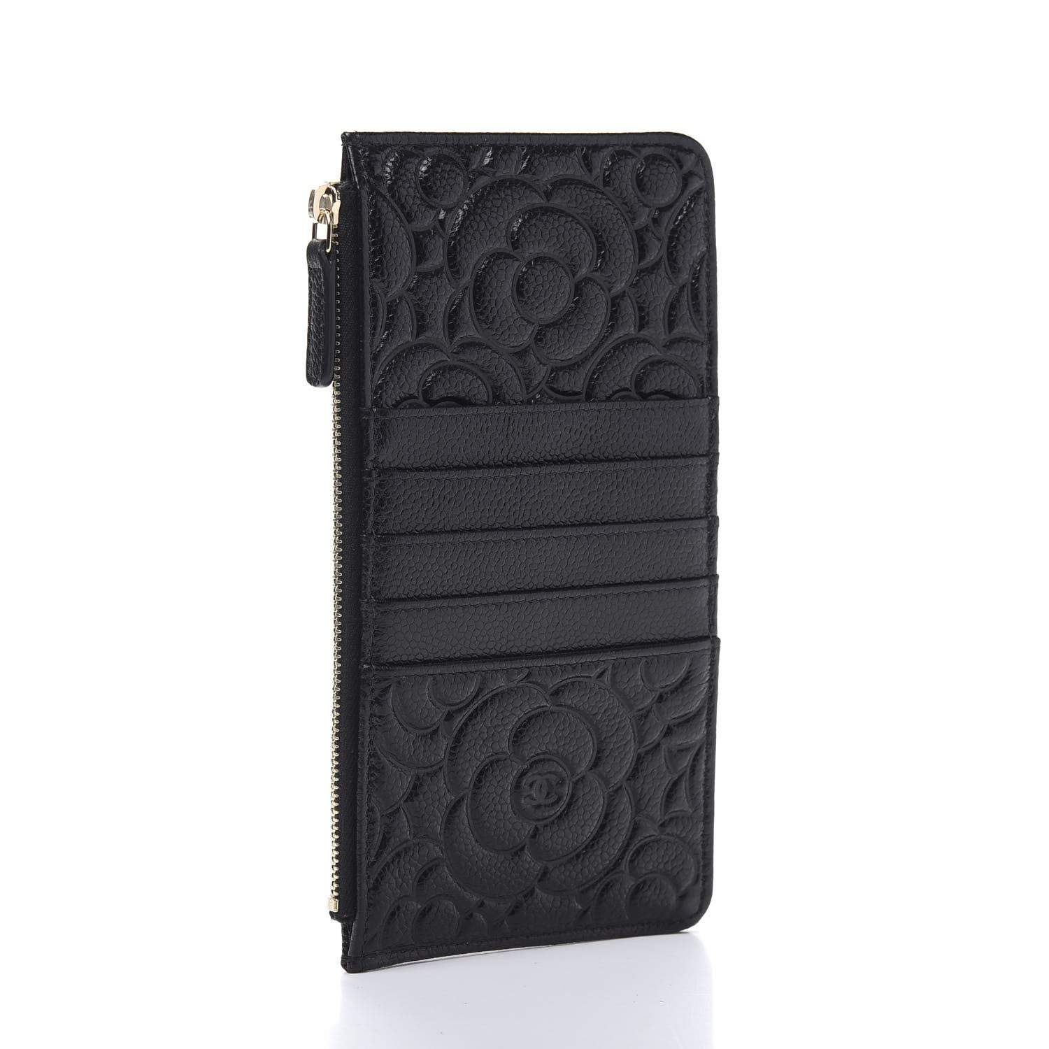 Chanel Caviar Camellia Embossed Classic Flat Wallet Pouch Black 3 of 10