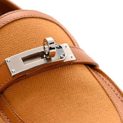Hermes Calfskin Canvas Womens Destin Loafer 38 Naturel Beige Dore 10 of 12