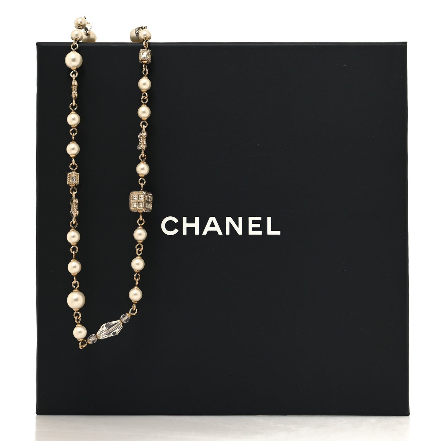 Pearl Bead Crystal CC Long Necklace Gold