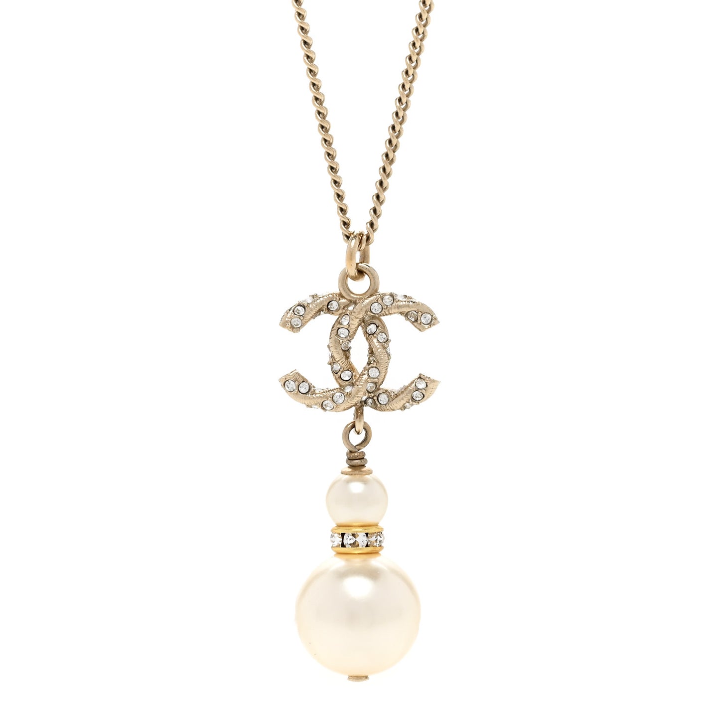 Crystal Pearl Twisted CC Drop Necklace Gold