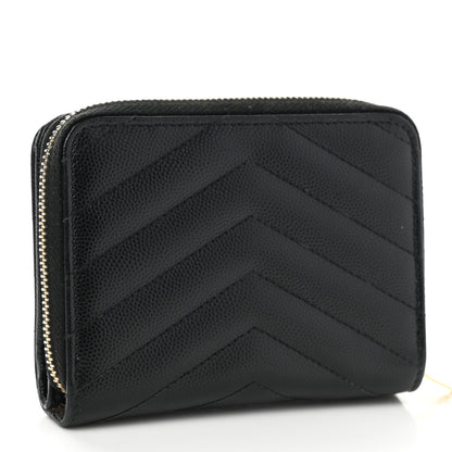 Saint Laurent Grain De Poudre Matelasse Chevron Monogram Compact Zip Around Wallet Black 2 of 8