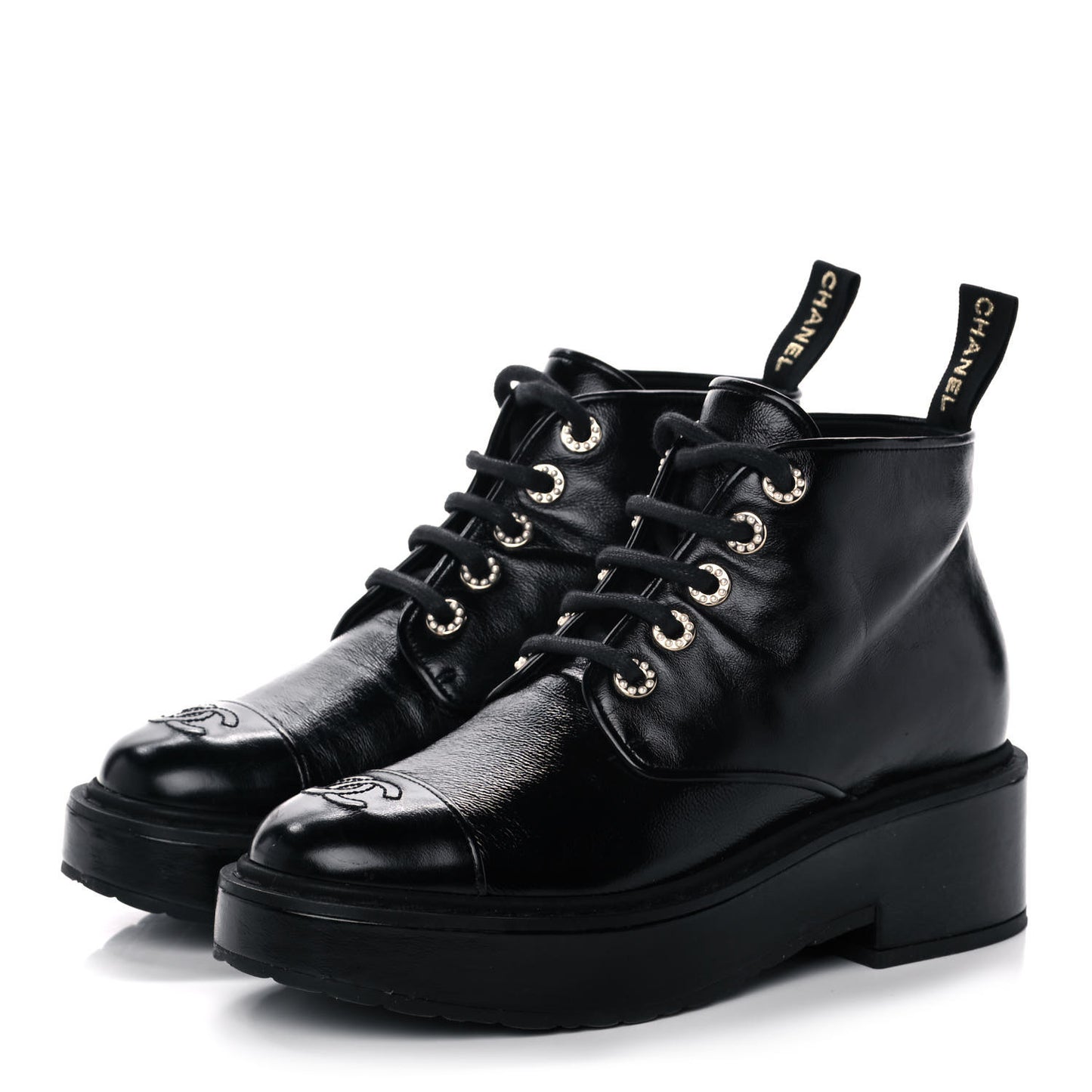 Shiny Calfskin Pearl Lace Up Combat Short Boots 38.5 Black