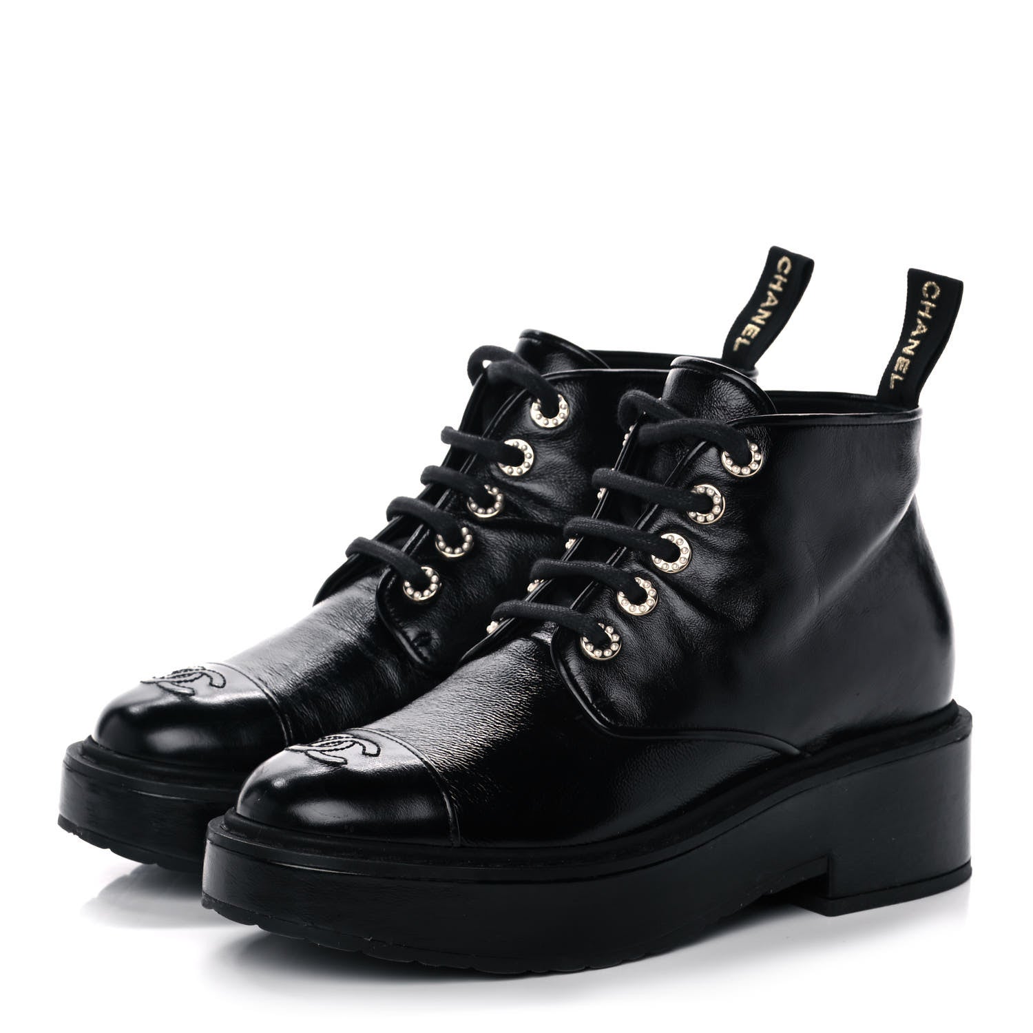 Chanel Shiny Calfskin Pearl Lace Up Combat Short Boots 38.5 Black 3 of 9