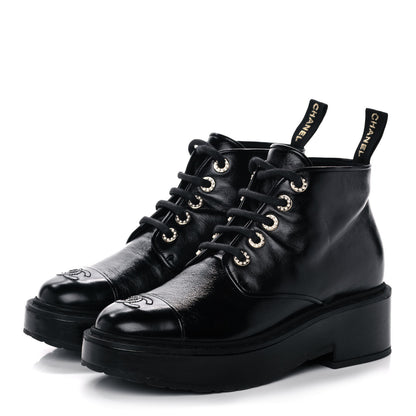 Chanel Shiny Calfskin Pearl Lace Up Combat Short Boots 38.5 Black 3 of 9