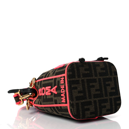 Fendi Fabric Jacquard Shiny Nappa FF 1974 Logo Threaded Edge Mini Mon Tresor Bucket Bag Tobacco Moro Fuxia Fluo 3 of 9