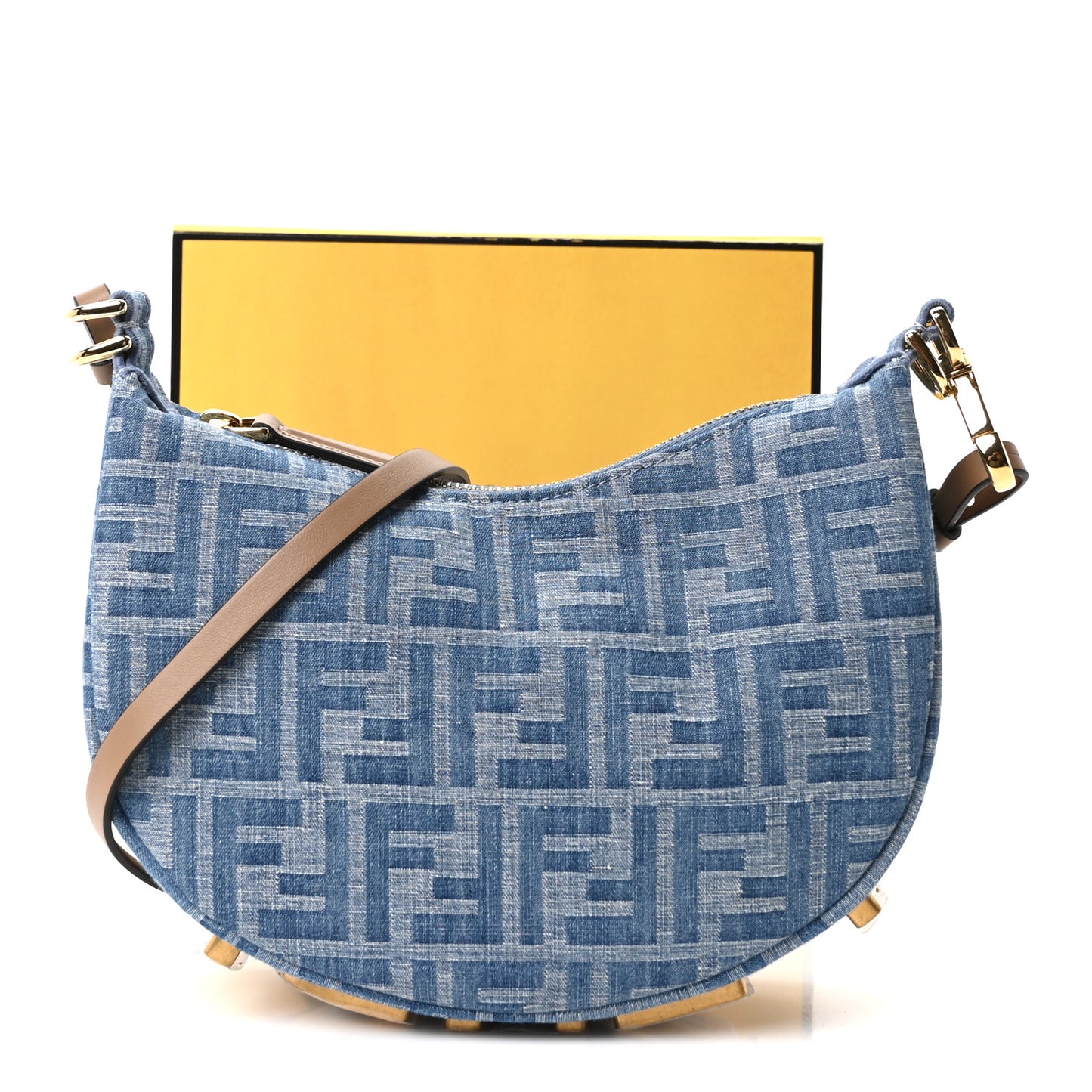 Denim Vitello King F is Fendi FF Embroidered Mini Fendigraphy Hobo Bag Denim Sand