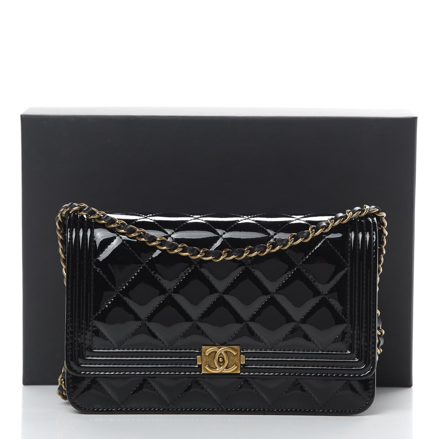 Patent Calfskin Quilted Boy Wallet On Chain WOC Black