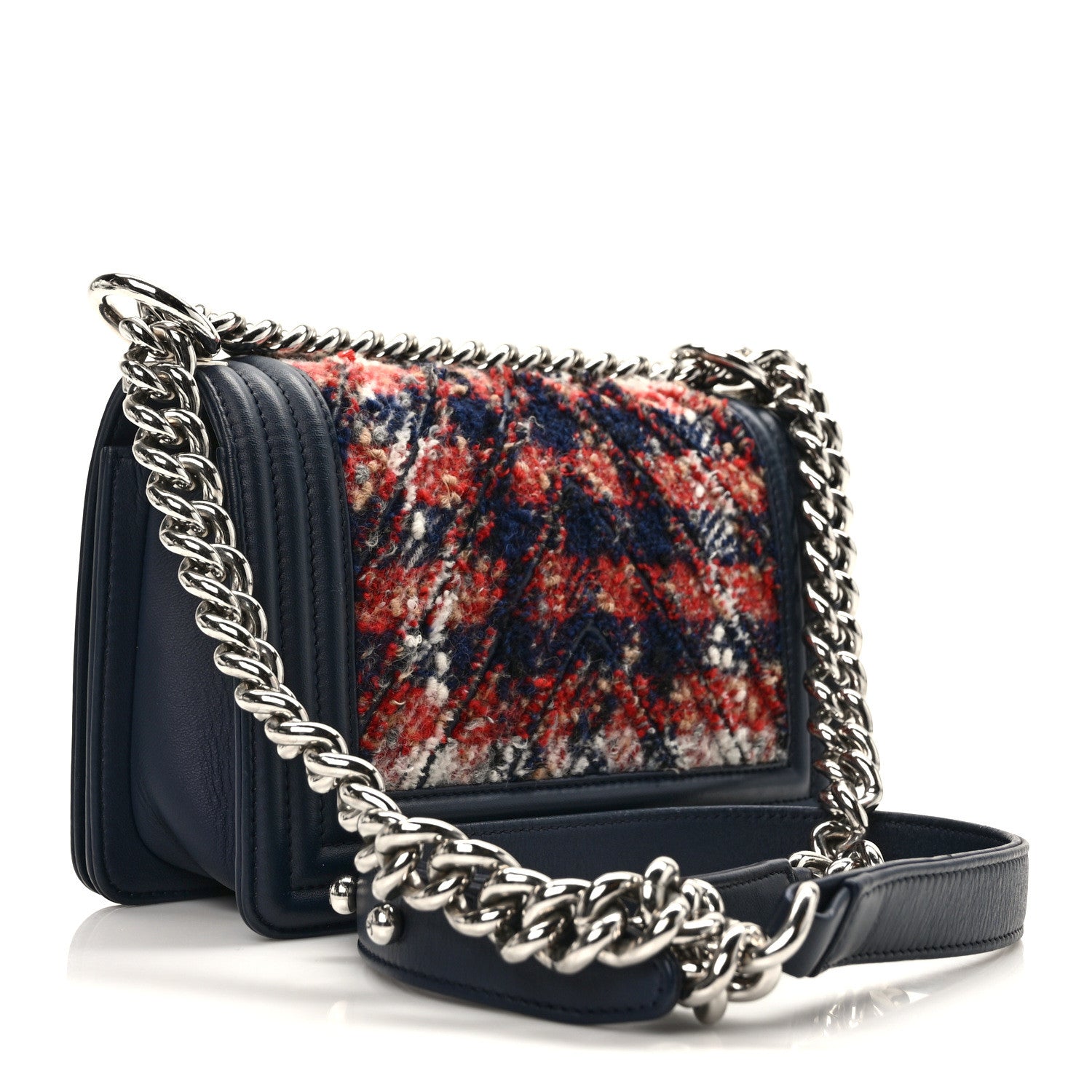 Chanel Lambskin Tweed Chevron Small Boy Flap Navy Blue 3 of 12