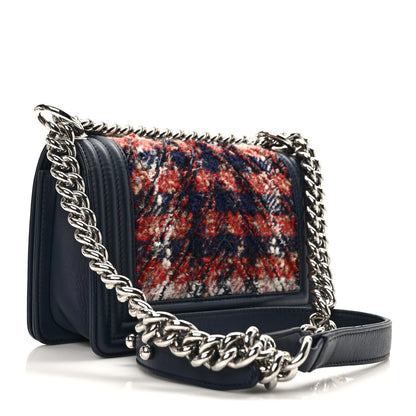 Chanel Lambskin Tweed Chevron Small Boy Flap Navy Blue 3 of 12