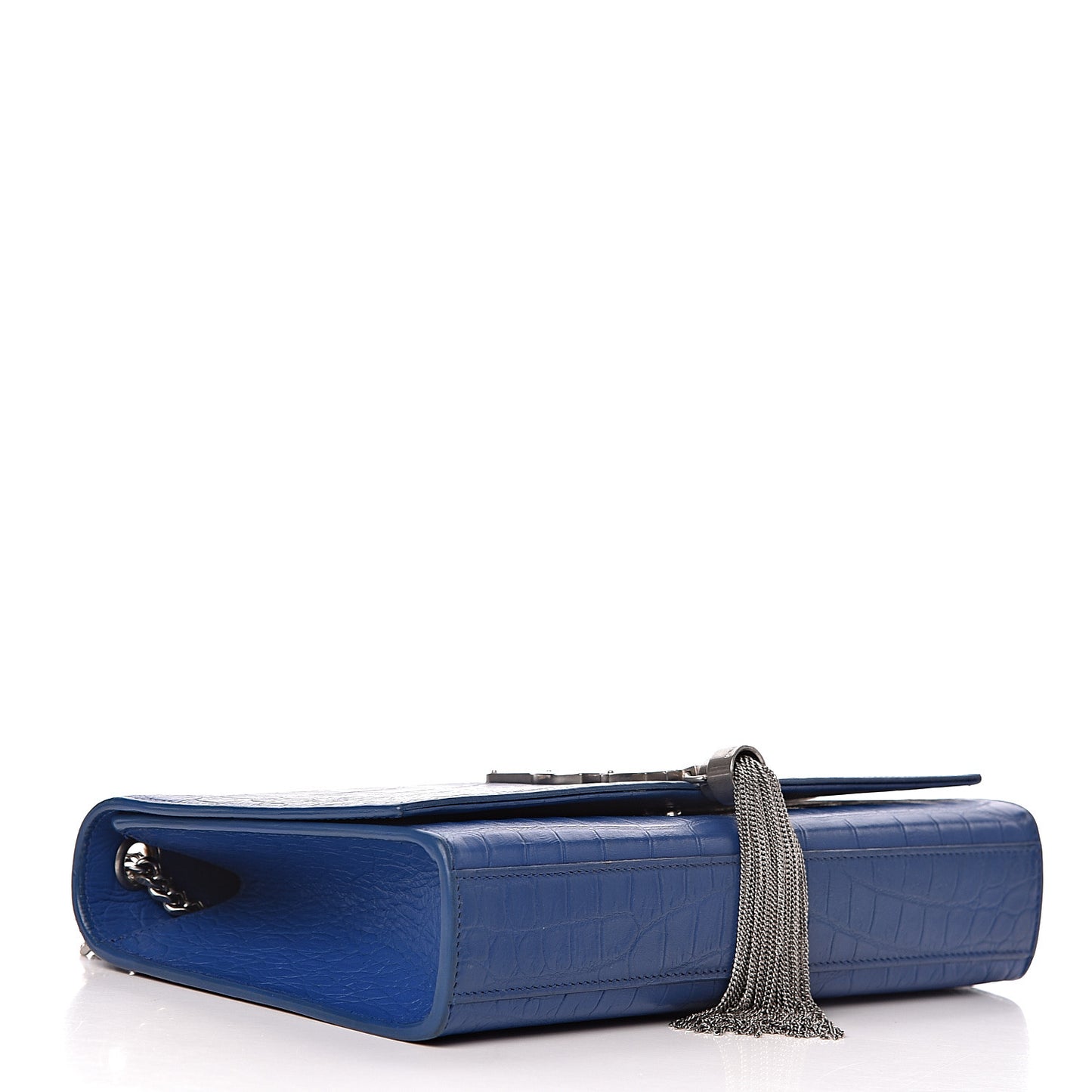 Calfskin Crocodile Embossed Medium Classic Monogram Kate Tassel Satchel Bleu Majorelle