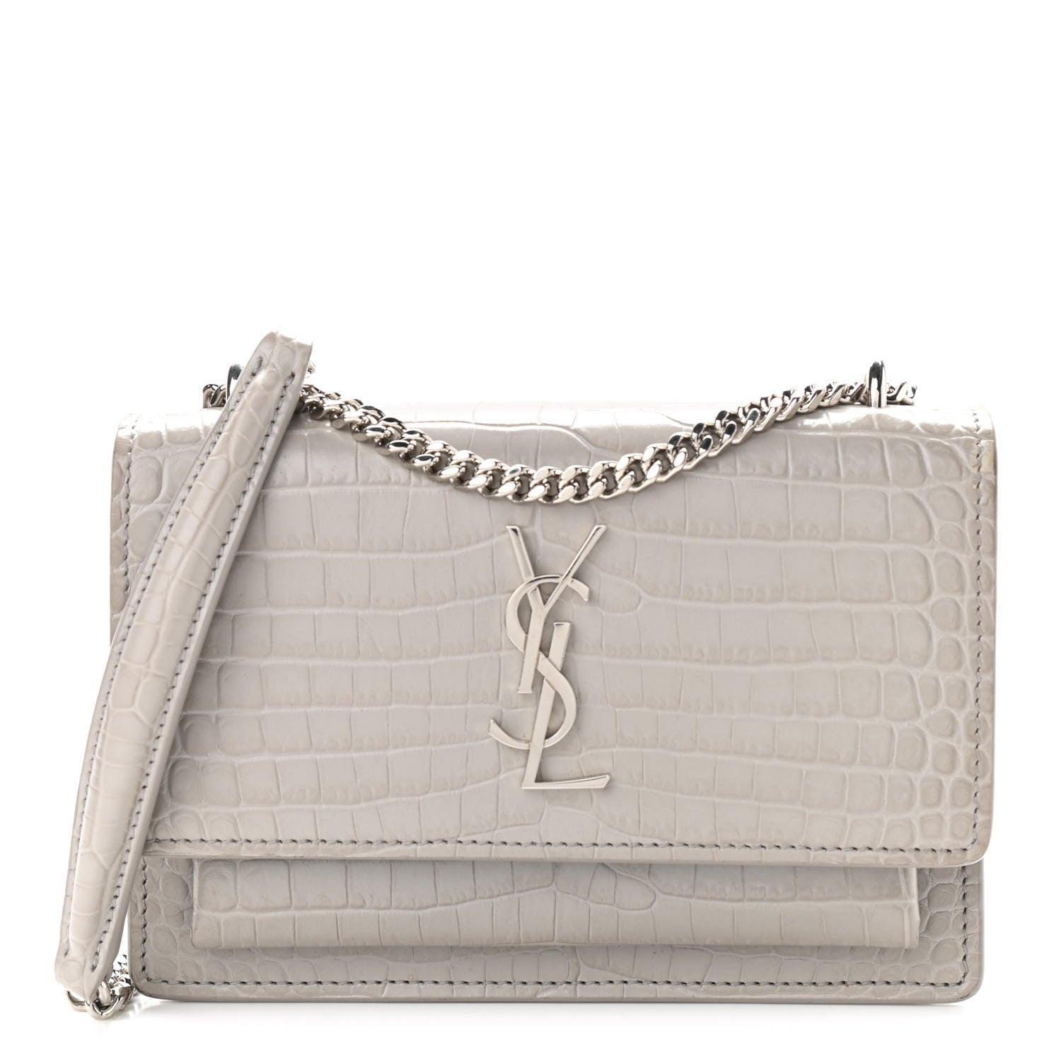 Saint Laurent Calfskin Crocodile Embossed Monogram Sunset Chain Wallet Light Grey 1 of 13