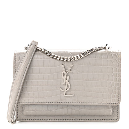 Saint Laurent Calfskin Crocodile Embossed Monogram Sunset Chain Wallet Light Grey 1 of 13