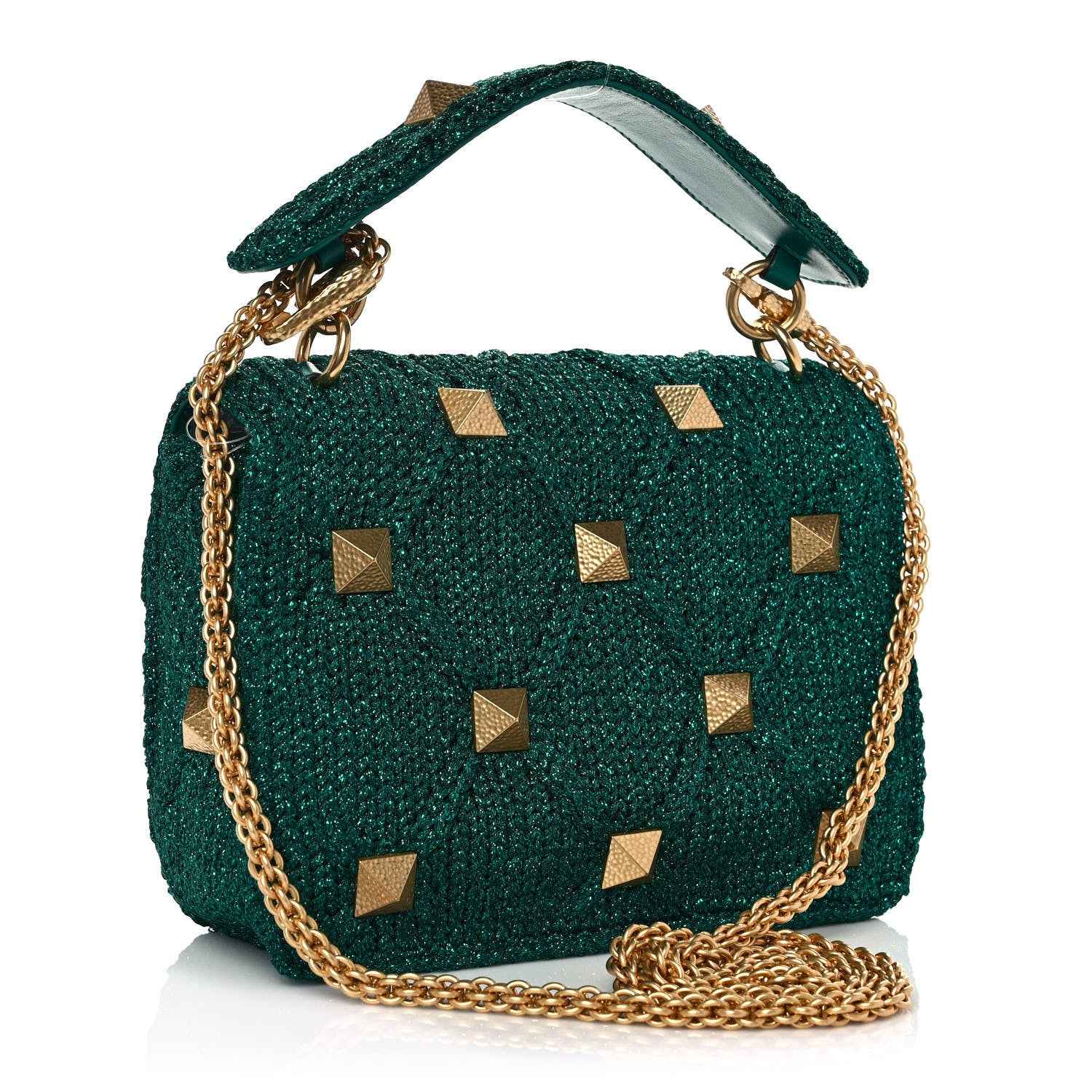 Valentino Garavani Metallic Woven Lurex Medium Roman Stud Shoulder Bag Jungle 3 of 8