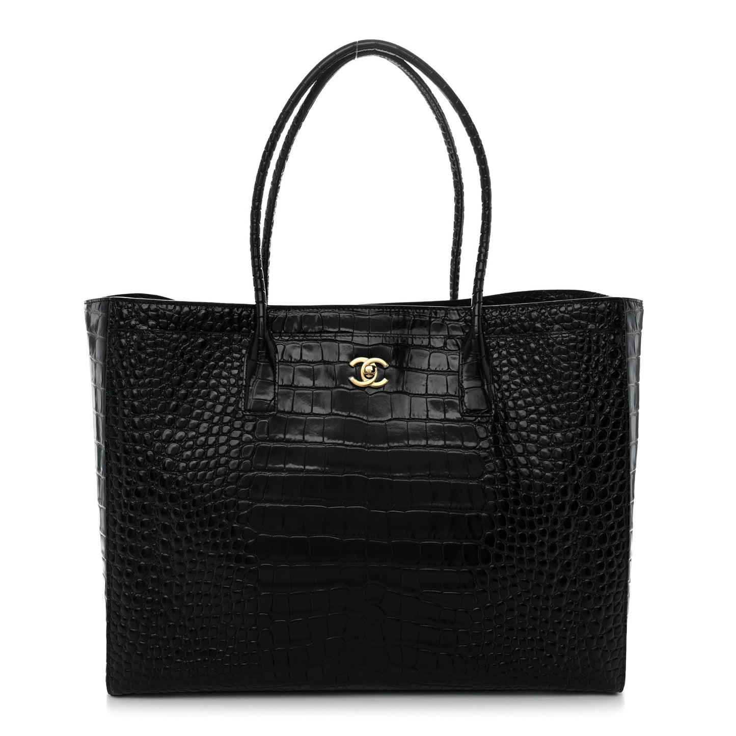 Calfskin Crocodile Embossed Archetype Large Shopping Tote Black