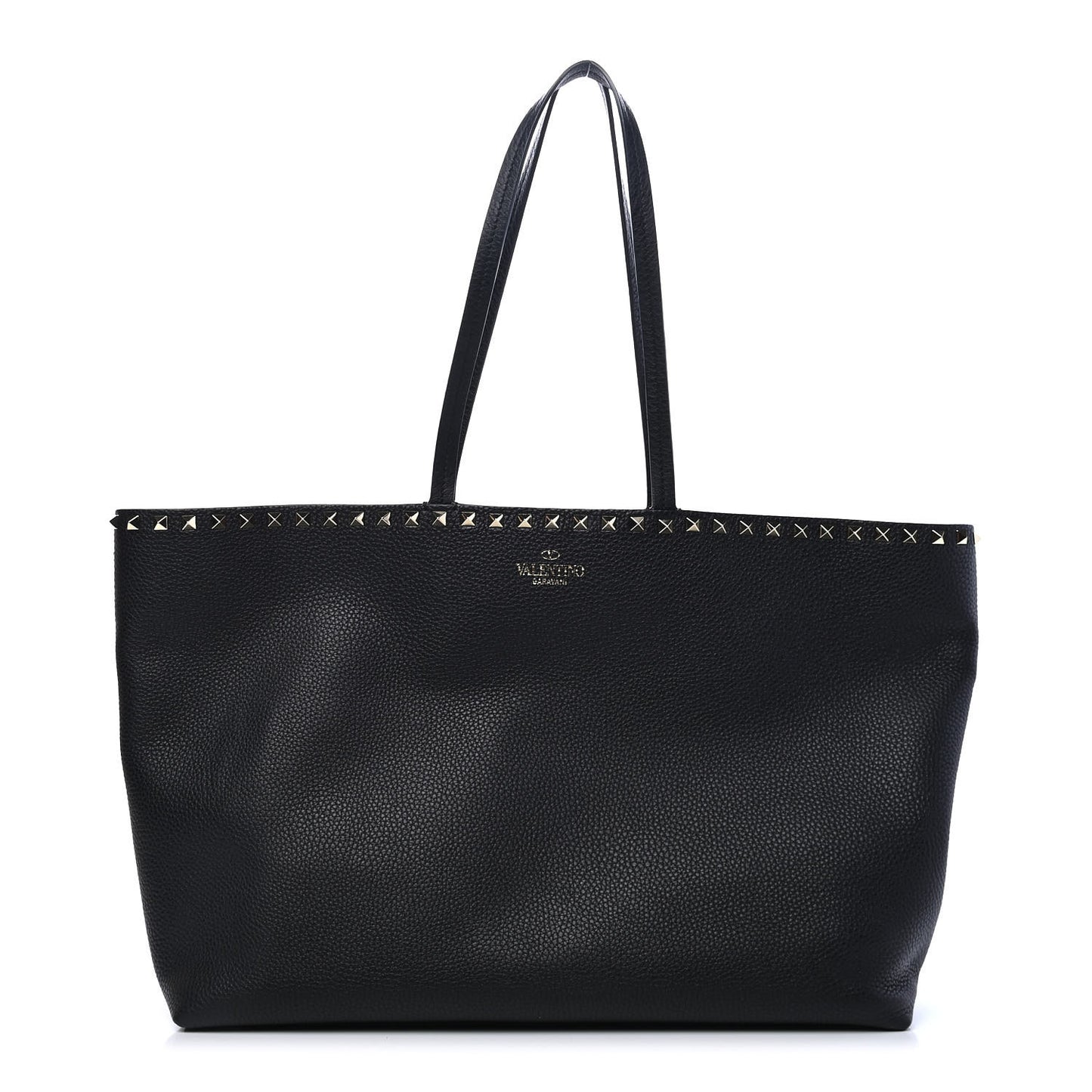 Grained Calfskin Rockstud Shoulder Tote Black