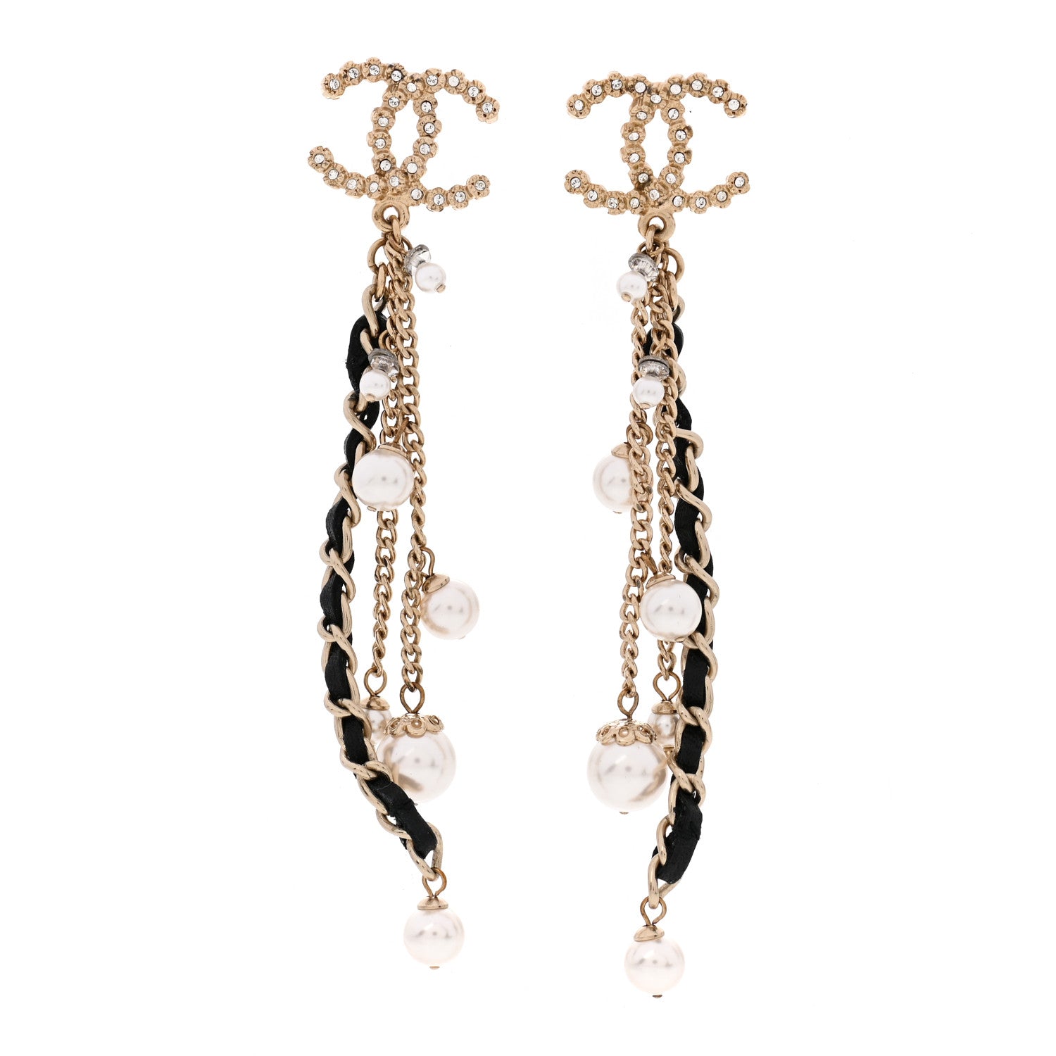 Chanel Pearl Crystal Lambskin Chain CC Dangle Earrings Gold 1 of 5