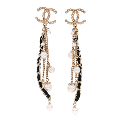 Chanel Pearl Crystal Lambskin Chain CC Dangle Earrings Gold 1 of 5
