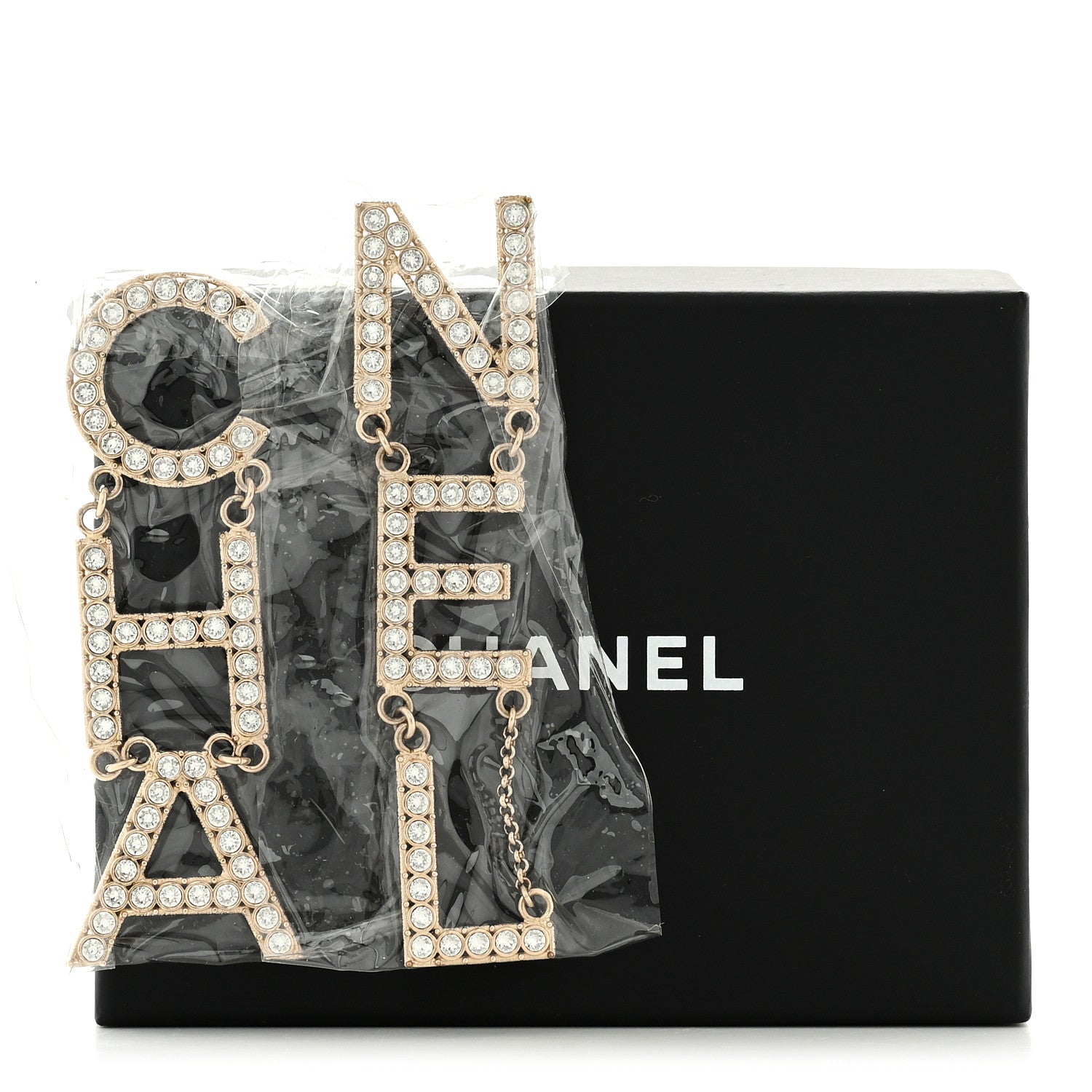 Chanel Crystal Cha-Nel Logo Drop Earrings Gold 6 of 6