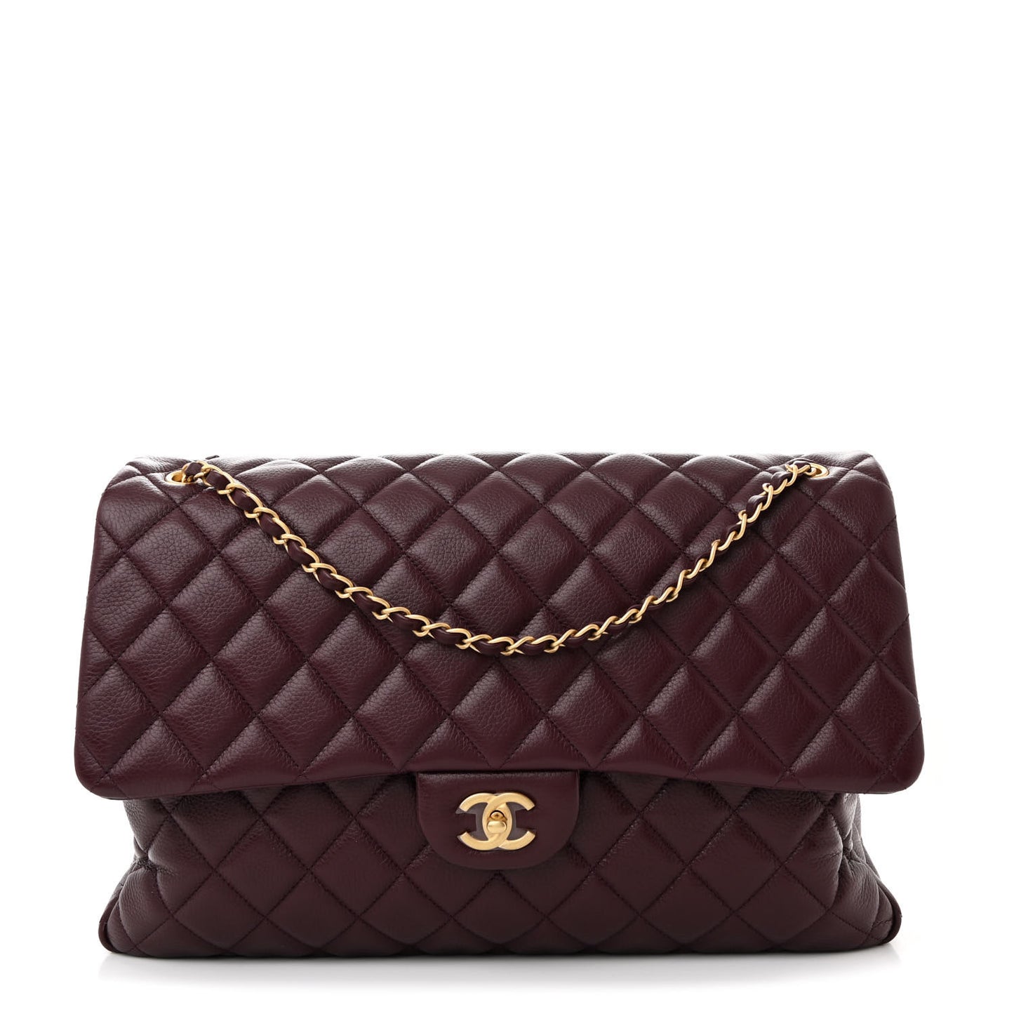 Grained Calfskin Quilted XXL Travel Flap Bag Burgundy