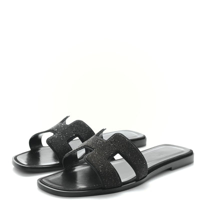 Hermes Suede Goatskin Crystal Oran Sandals 37 Black 3 of 9