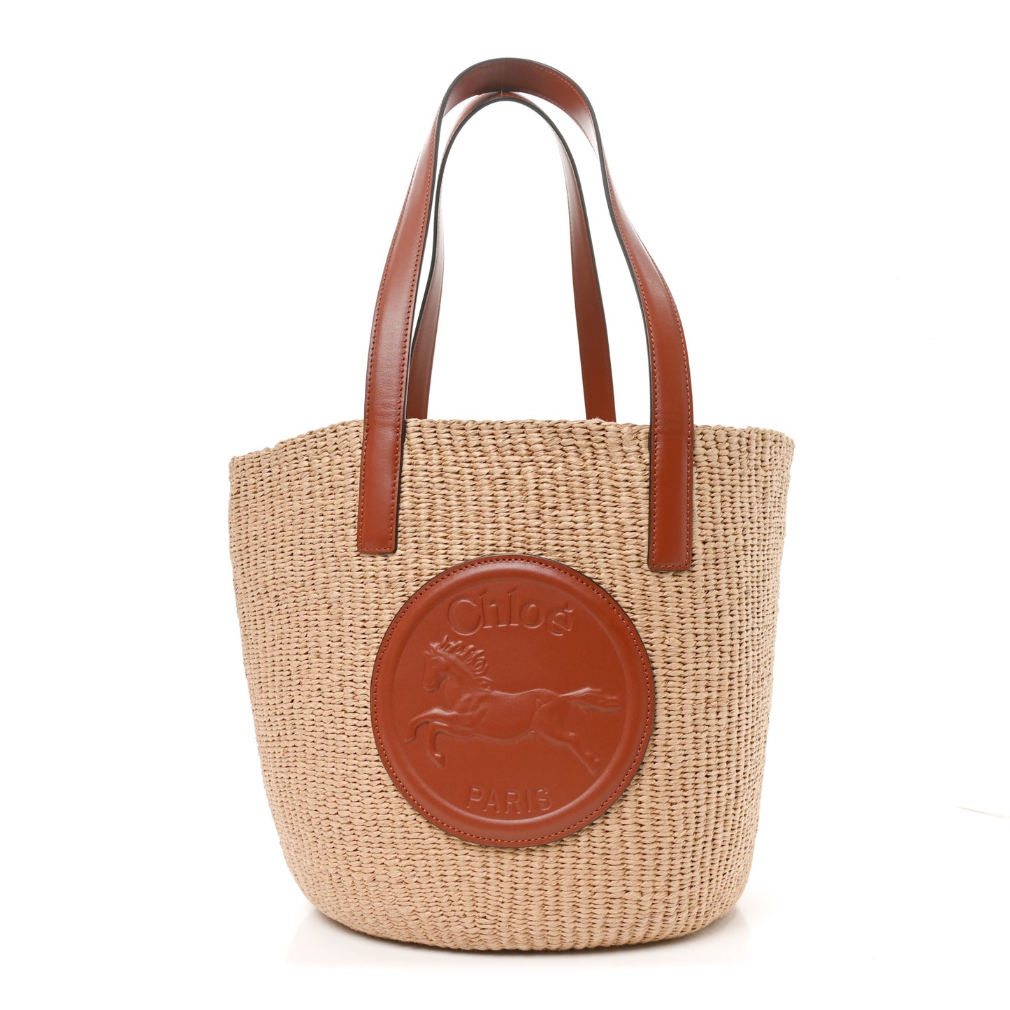 Raffia Calfskin Horse Medal Large Basket Tote Sepia Brown Sepia Brown