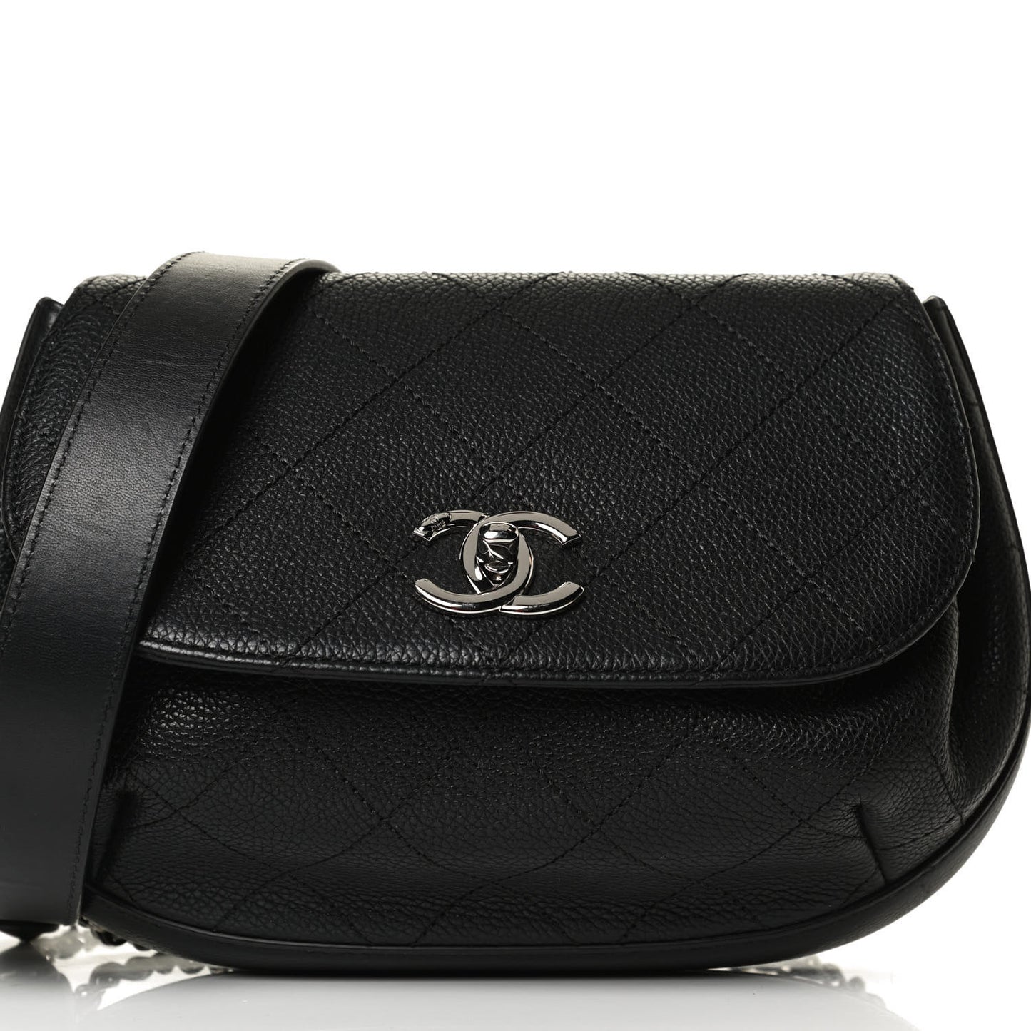 Grained Calfskin Stitched Messenger Flap Bag Black