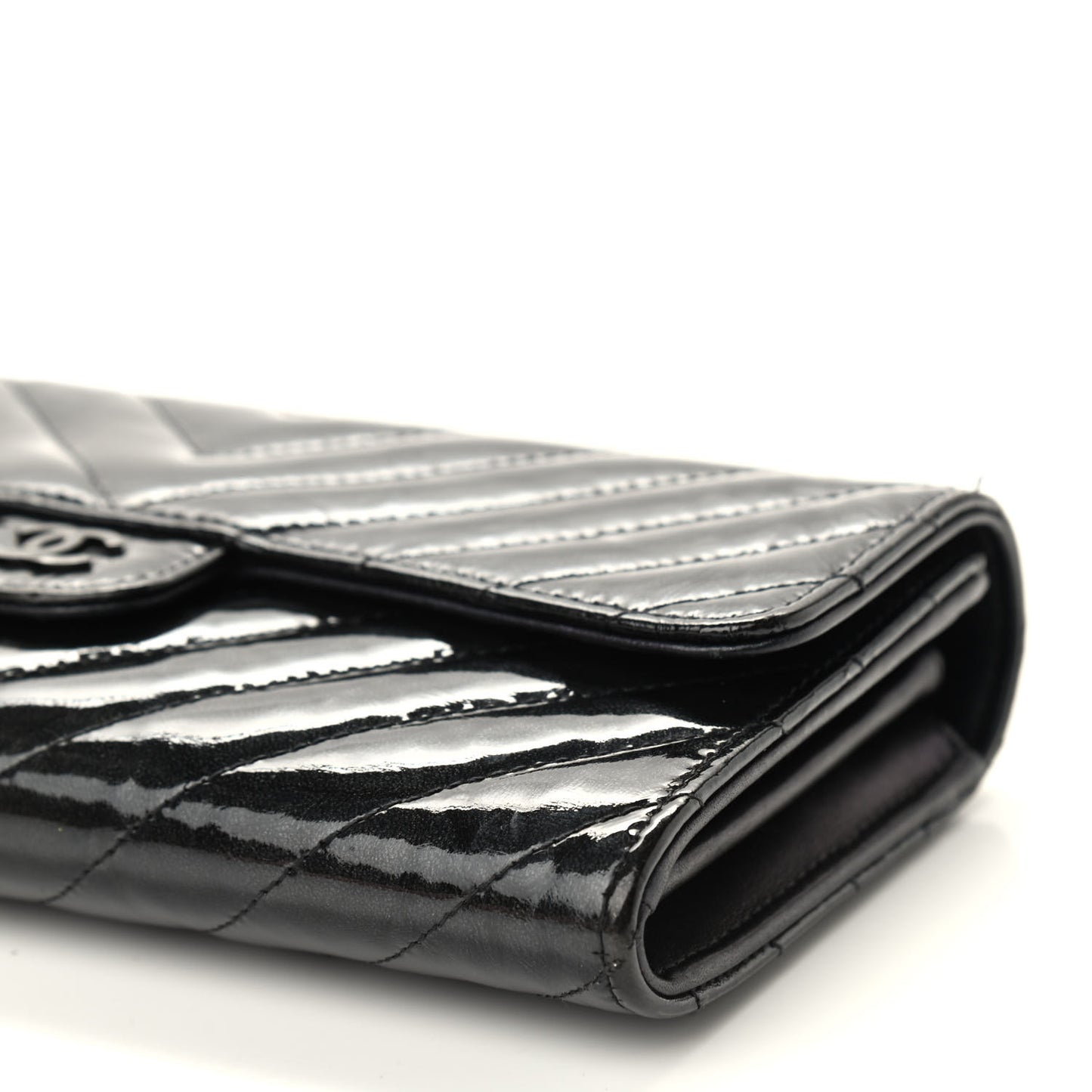 Patent Metallic Crumpled Calfskin Chevron Quilted Large Gusset Flap Wallet So Black