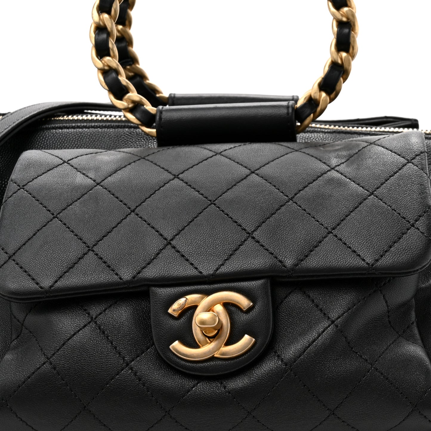 Grained Calfskin Lambskin Quilted Large Bowling Bag Black