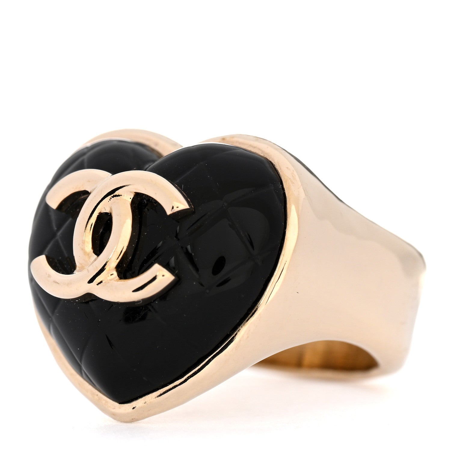 Chanel Resin CC Quilted Heart Ring 53 6.25 Gold Black 3 of 6