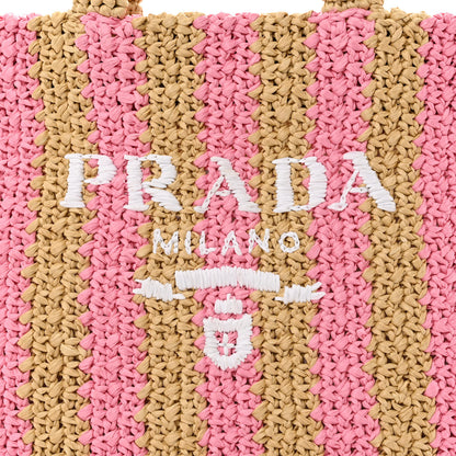 Prada Yarn Raffia Effect Crochet Striped Small Logo Tote Naturale Petalo 7 of 10