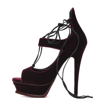 Saint Laurent Velluto Master Lace Up Tribute 105 Platform Sandals 36.5 Burgundy 1 of 13